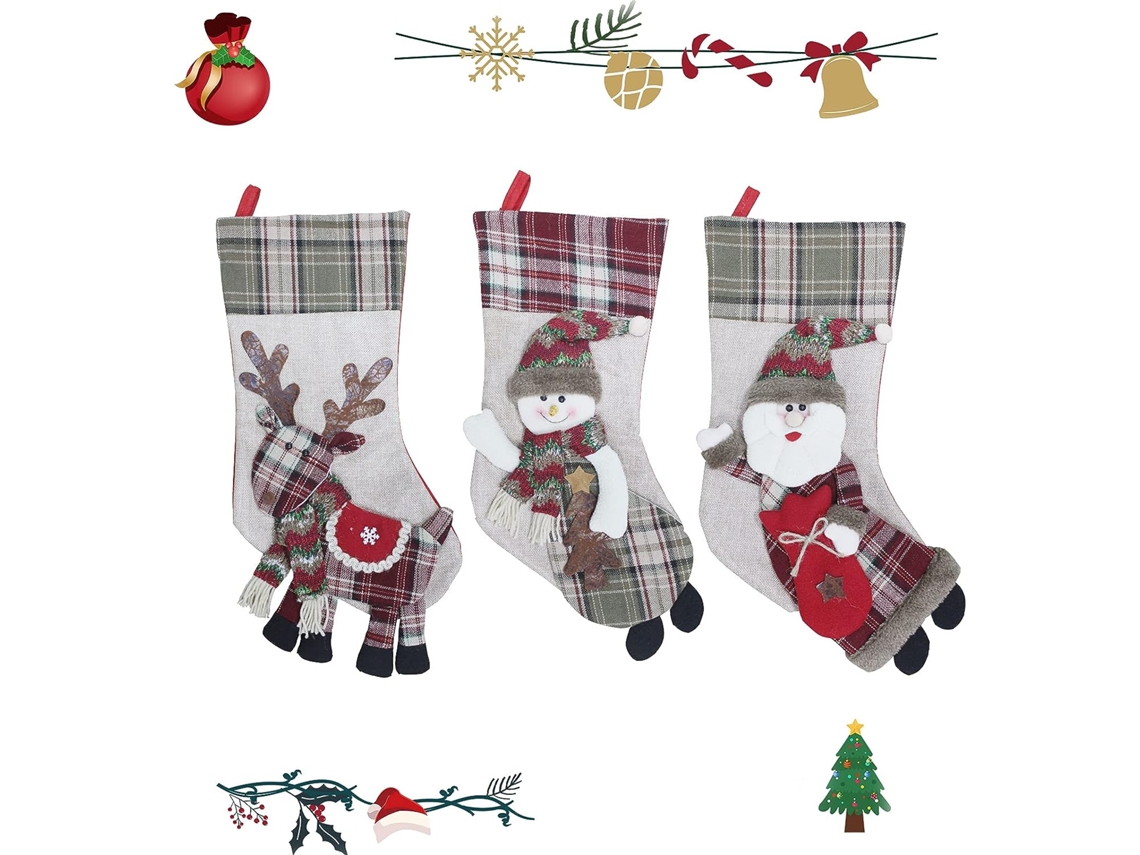 3 Meias de Natal para Decoração de Árvore Saco de Presente de Meia Personalizado Enfeites de Bolsa de Doces