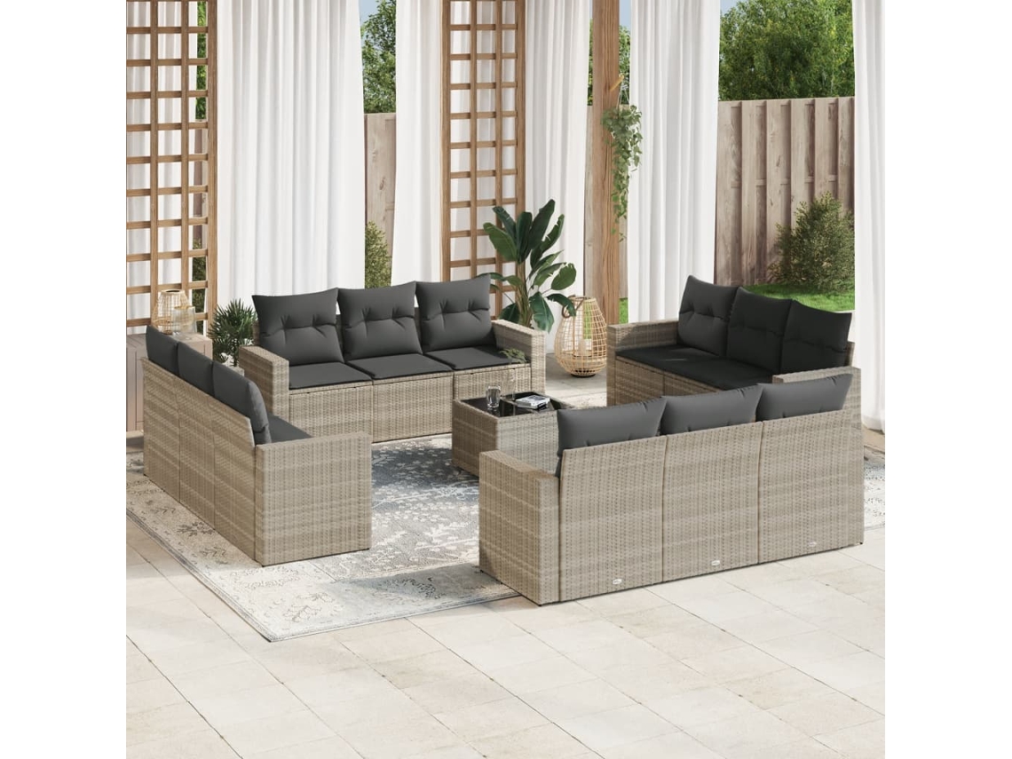 Vidaxl 13 Pcs Conj. Sofás Jardim C/ Almofadões Vime Pe Cinzento-claro