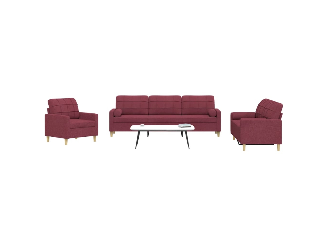 Vidaxl 3 Pcs Conjunto De Sofás Com Almofadas Tecido Vermelho-tinto