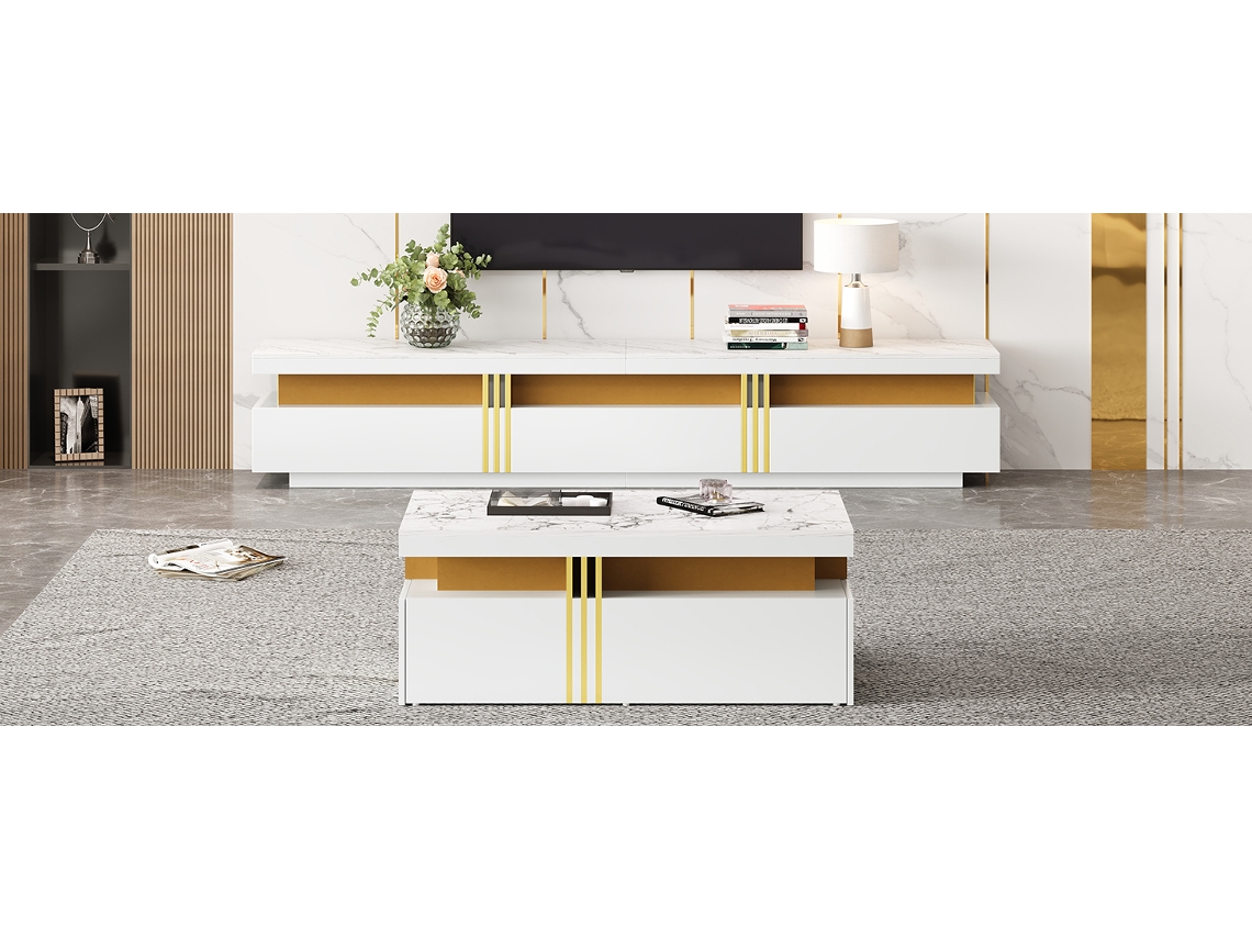 Suporte de TV branco para sala de estar com mesa de centro, multifuncional e organizado Liptaptyn