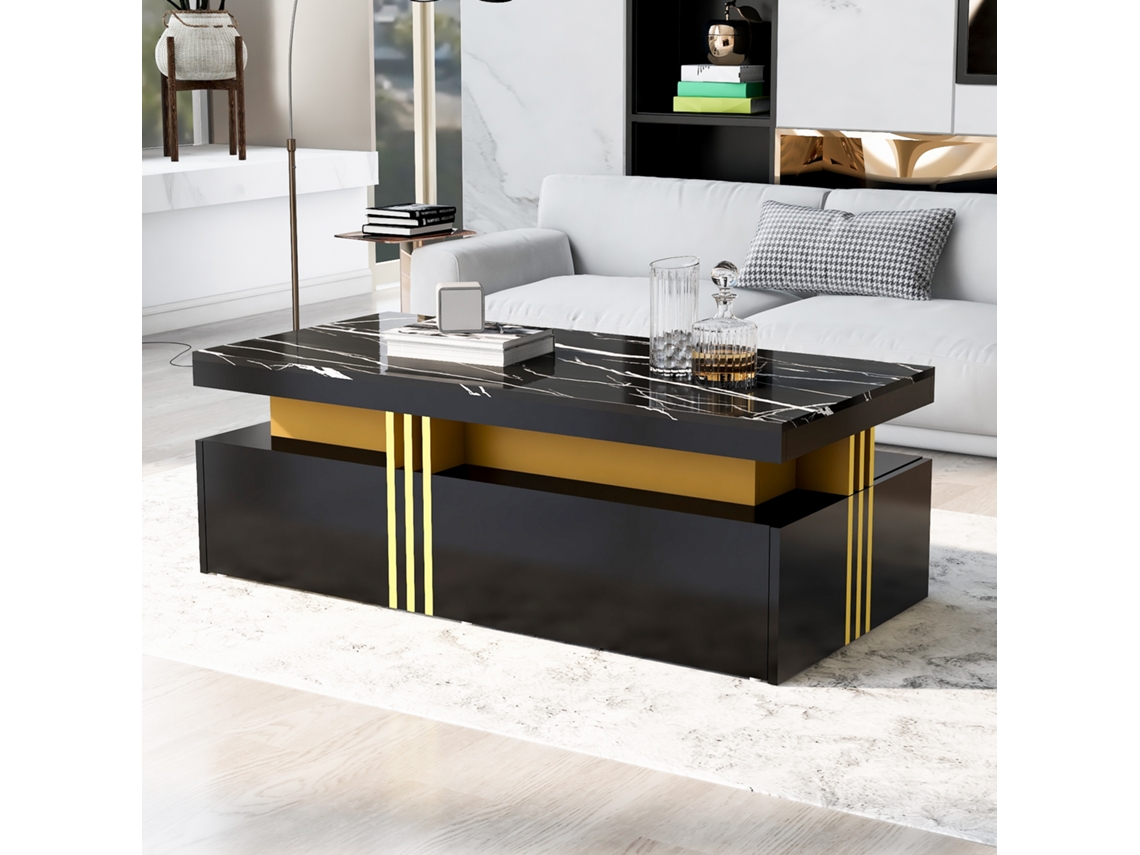 Mesa De Centro Com 2 Gavetas Tampo Com Padrão Mármore Estilo Escandinavo Preto
