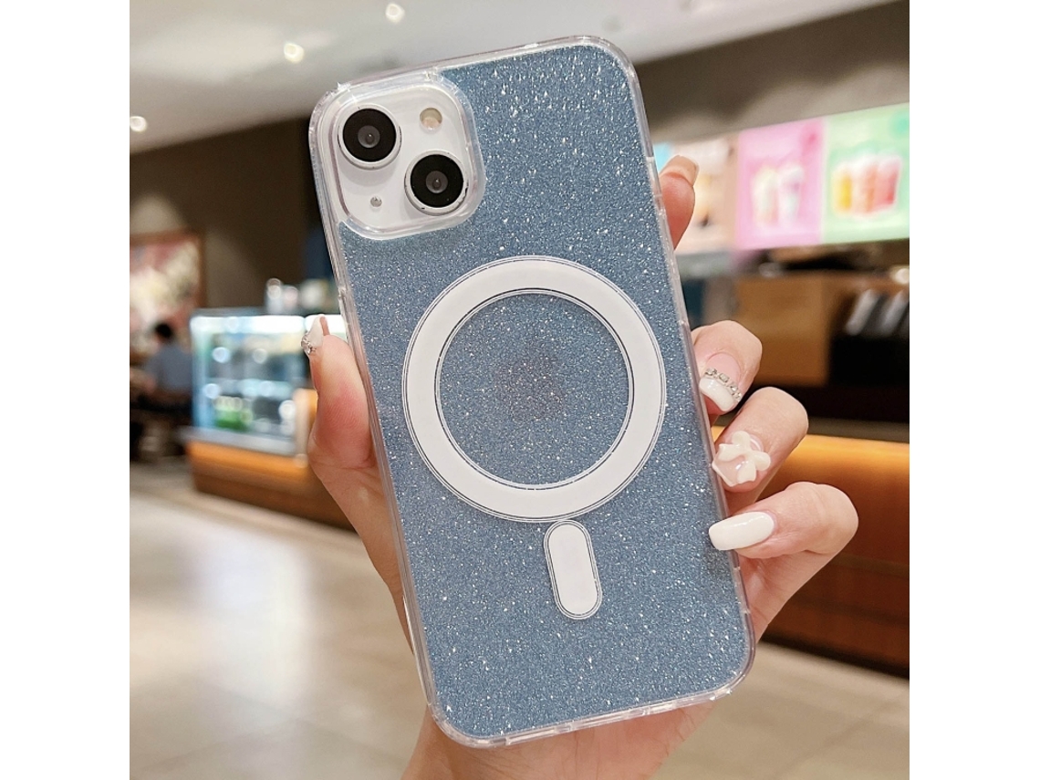 Capa Transparente Com Glitter Para Iphone 14 Plus - Acrílico - Magsafe - Azul