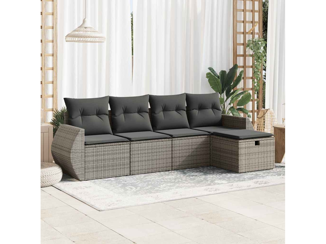 5 Pcs Conjunto Sofás De Jardim C/ Almofadões Vime Pe Cinzento Lovely Home