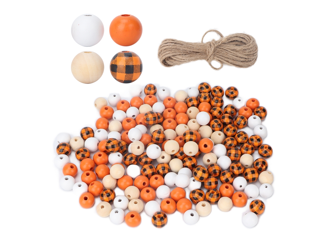 200 Pérolas De Madeira Redondas Laranjas Para Artesanato Diy E Joias Com Corda De Cana