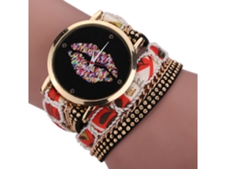 Relógio Pulseira Feminino Estilo Étnico Multicamadas Mostrador de Lábio Preto Quartzo (bege)