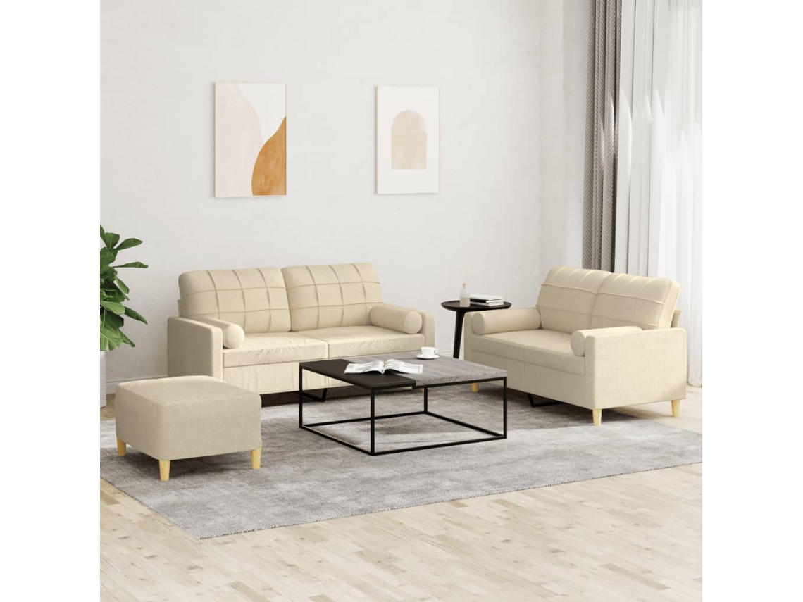 Vidaxl 3 Pcs Conjunto De Sofás Com Almofadas Tecido Cor Creme