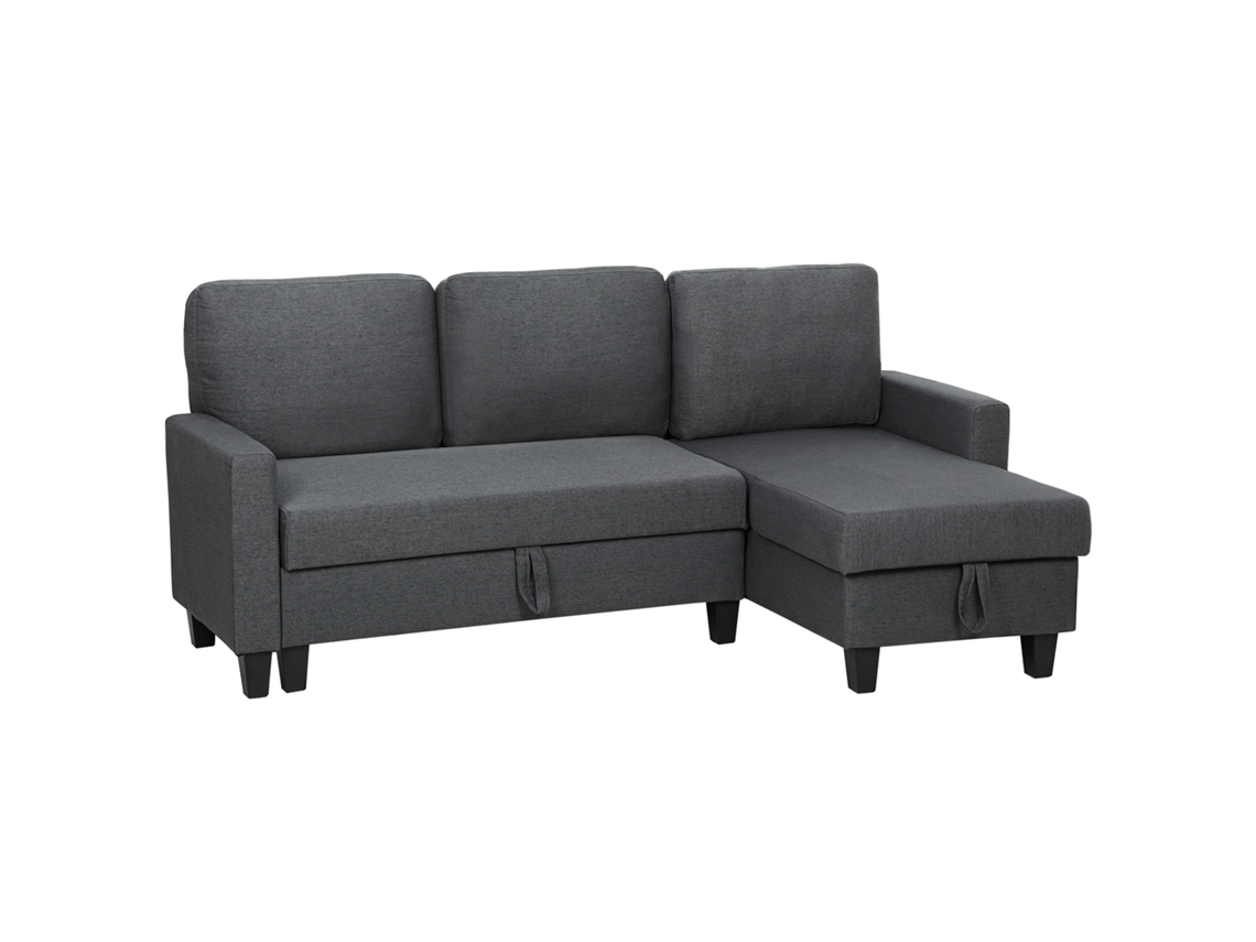 Sofá Cama 3 Lugares Chaise Longue Conversível Canto Armazenamento Almofadas Capa Removível Tecido Linho Sala Estar Escuro 197x129x85cm Cinza