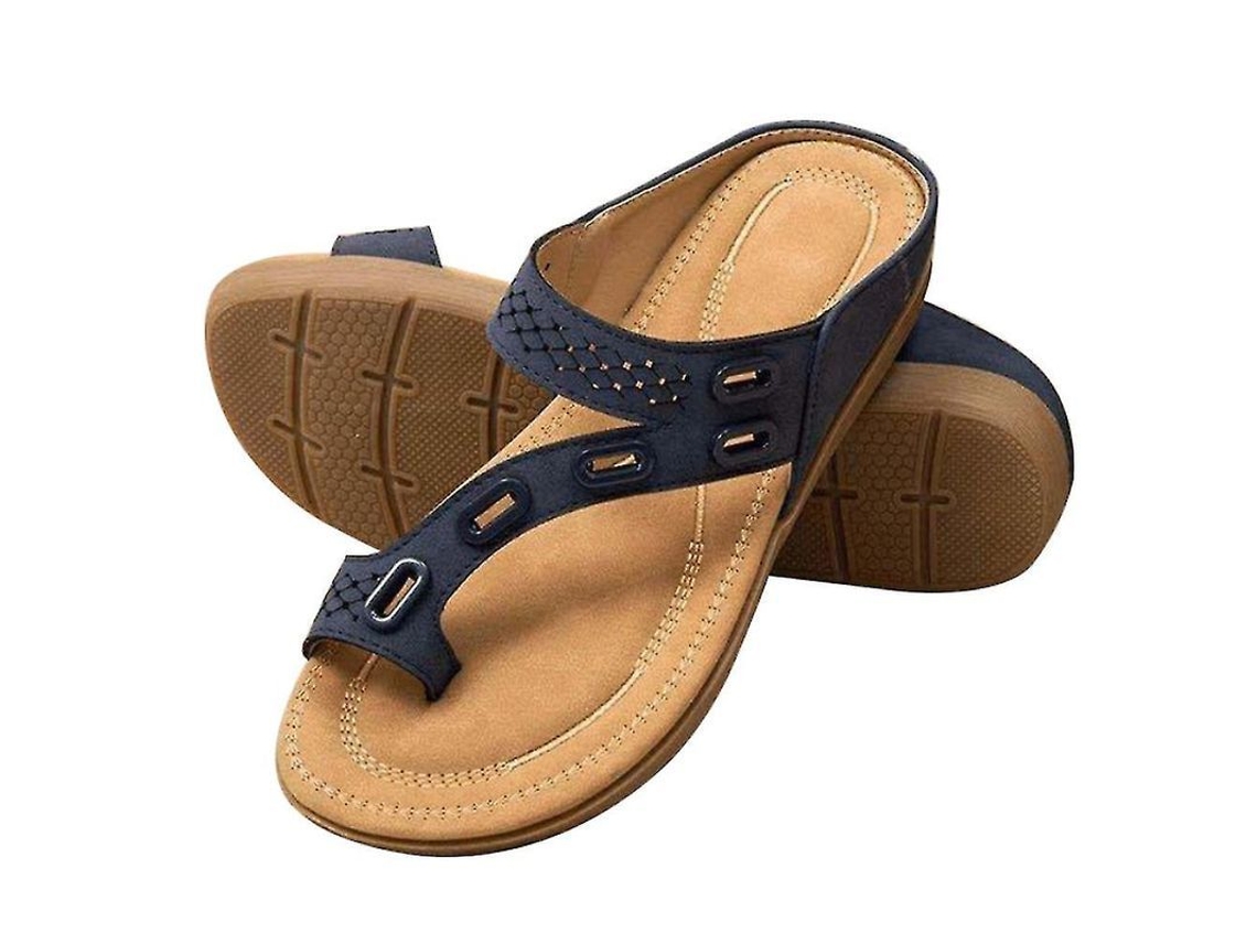 Chinelos Femininos Verão Ortopédicos Casual Anel Dedo Salto Plano Slip On Tamanhos Azul