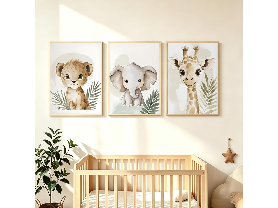 Conjunto De 3 Pôsteres De Animais, Savana, Quarto De Bebê, Verde, Imagem Infantil, Leão, Girafa, Elefante