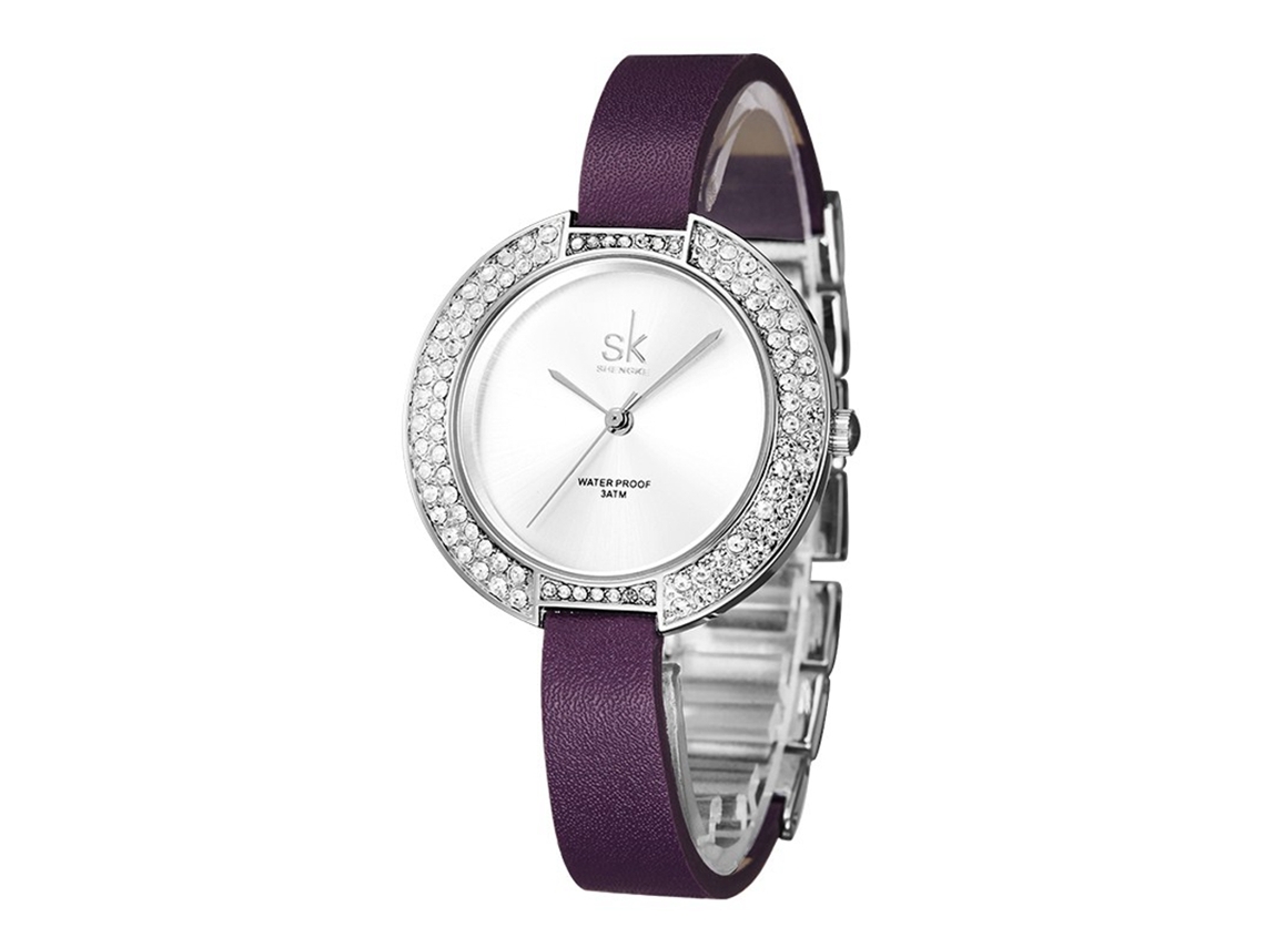 Relógio de Quartzo Feminino com Pulseira de Couro Pu Strass Impermeável 3atm Roxo