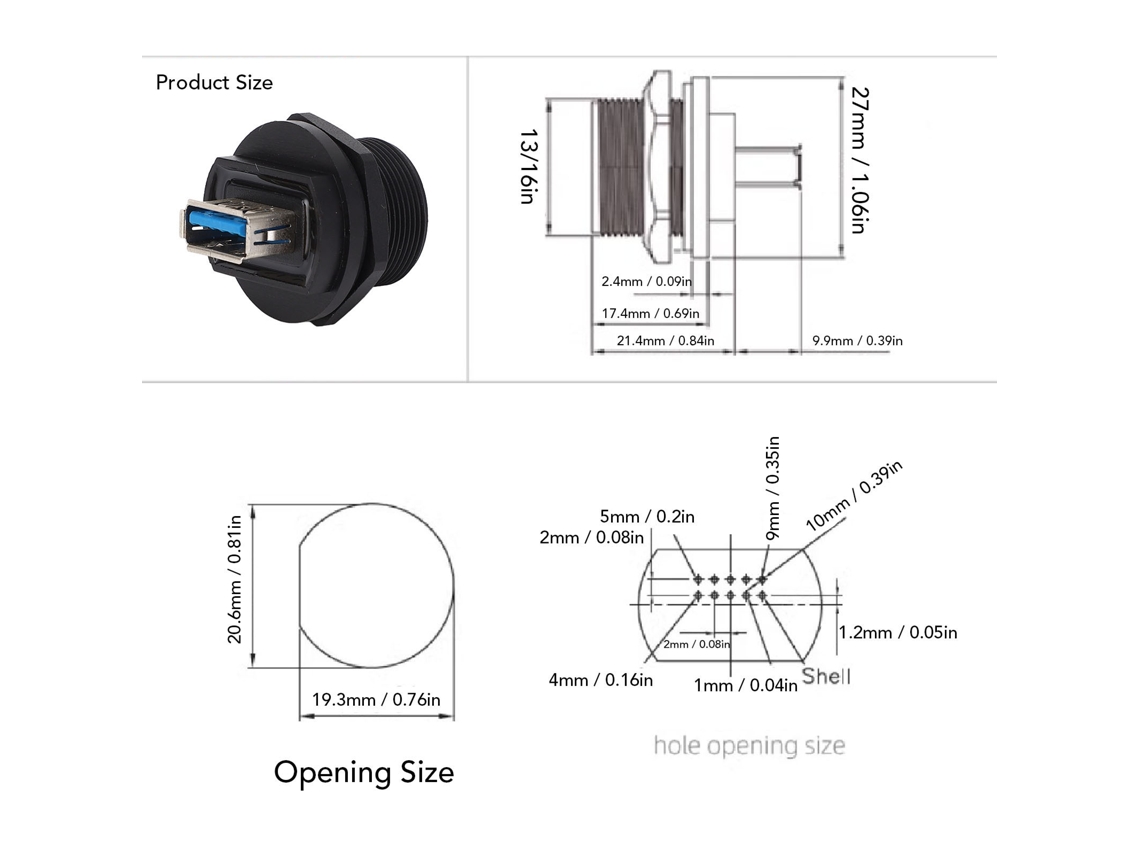 Laxiscreed Conector Usb 3.0 Duplo Fêmea À Prova De Água Com Roseta