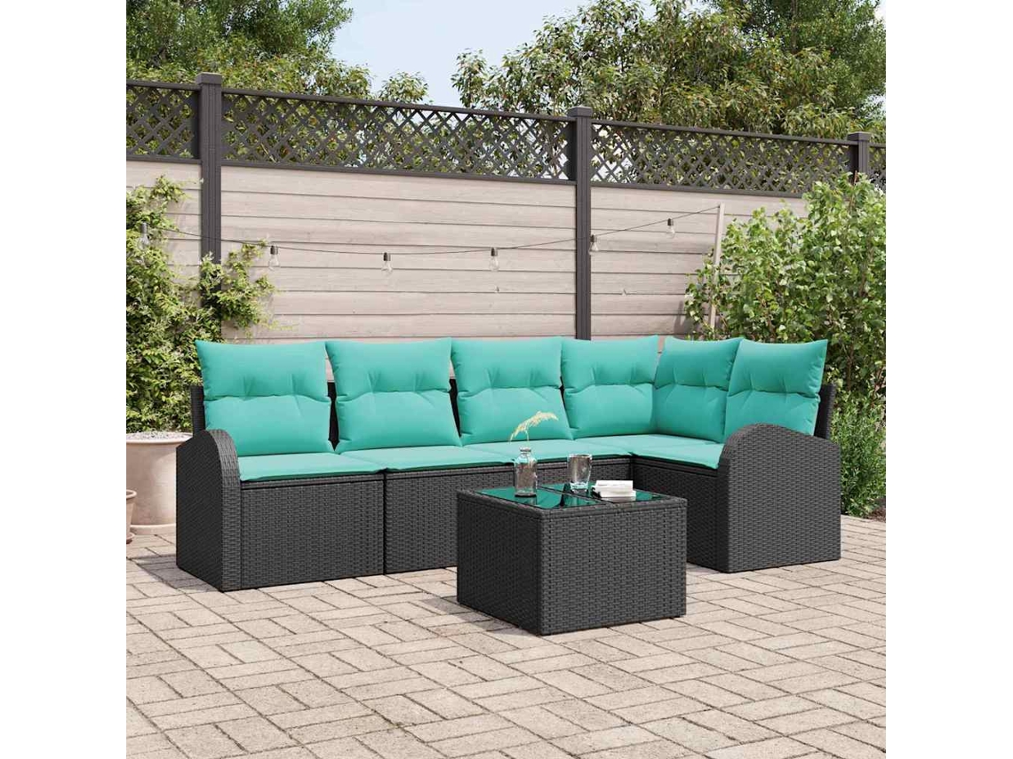 Vidaxl Conjunto De Sofá De Jardim 6 Unid. Preto E Turquesa Vime Pe
