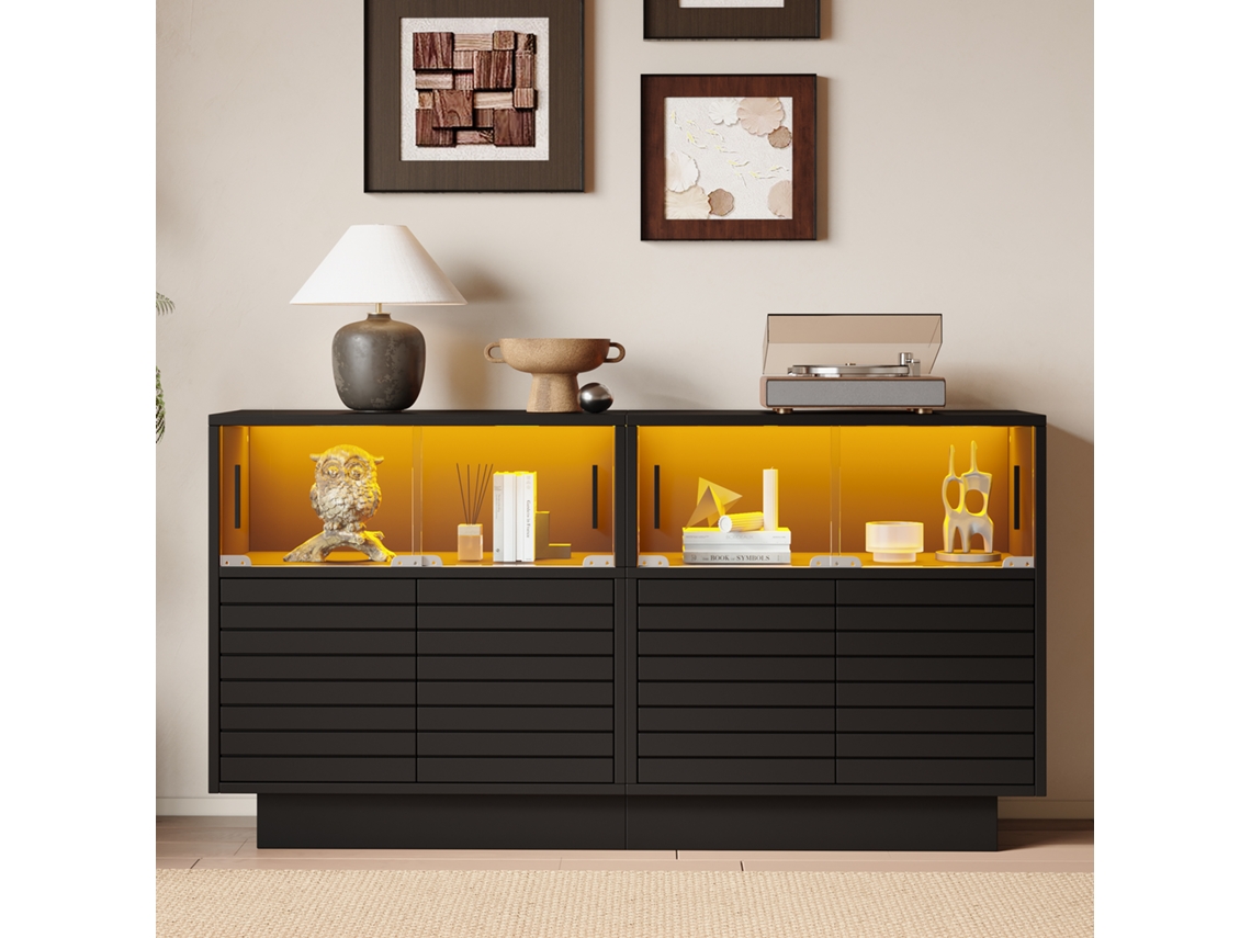 Aparador Moderno 130x35x68cm Com 2 Armários E Luz Led,guarda Roupas De Vidro Com Amplo Espaço De Armazenamento Mega Echo Trade Shop