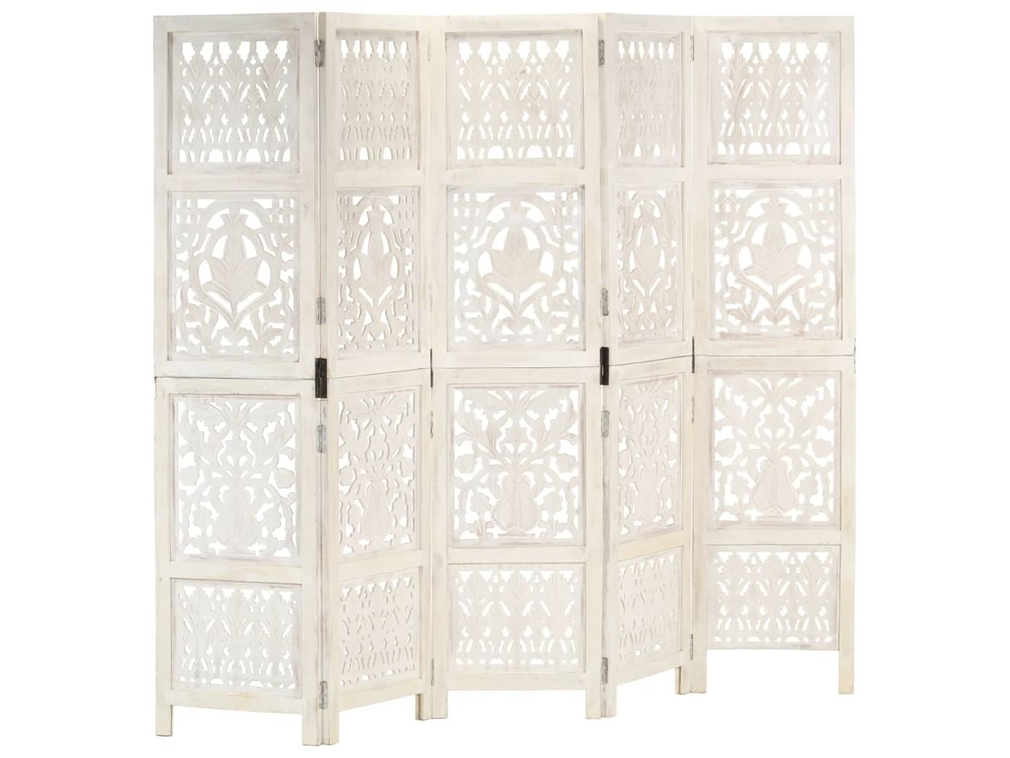 Vidaxl Biombo Esculp. Mão 5 Painéis 200x165cm Mangueira Maciça Branco