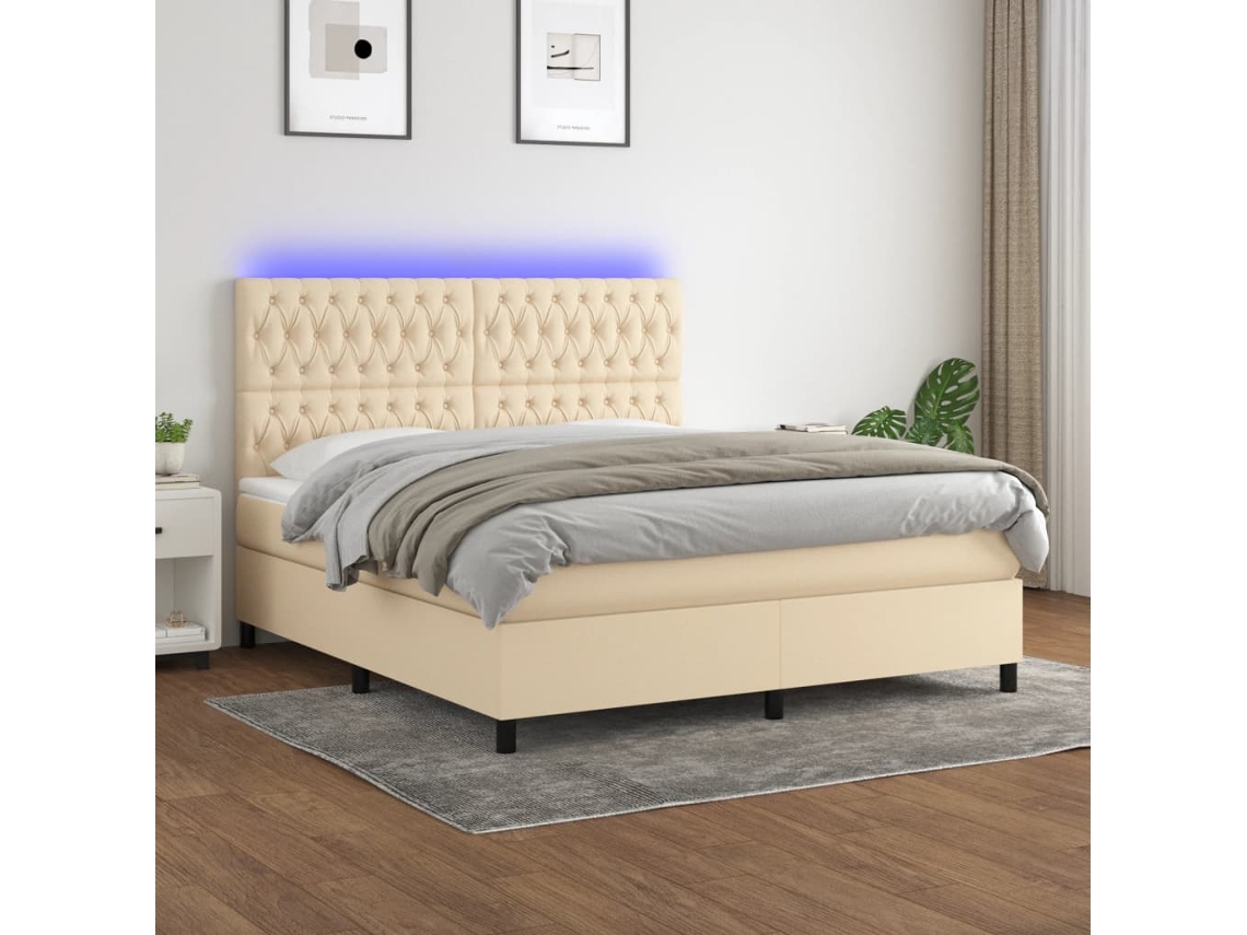 Vidaxl Cama Box Spring C/ Colchão E Led 160x200 Cm Tecido Cor Creme