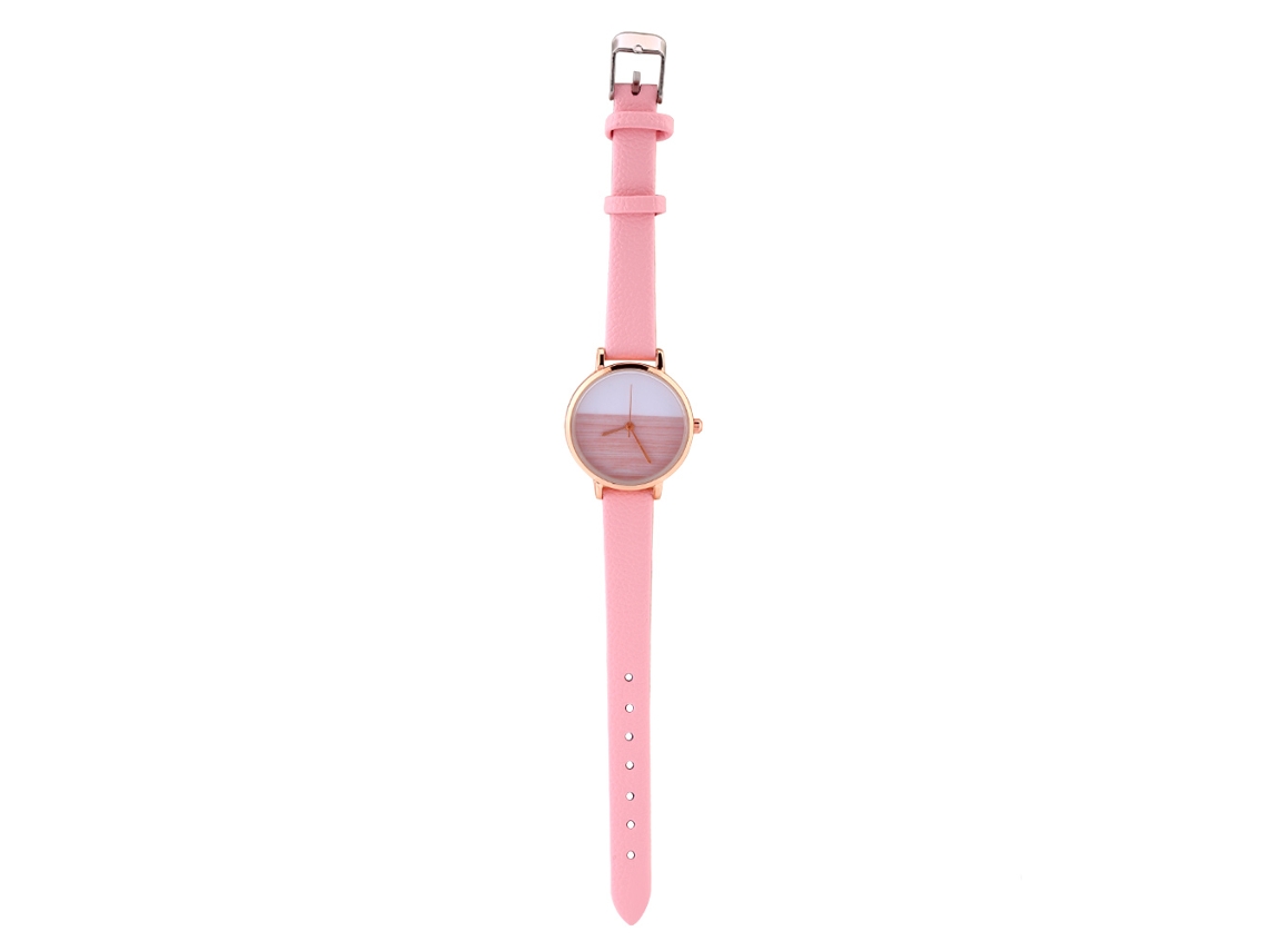 Relógio Feminino Analógico de Quartzo Pulseira Pu Mostrador Contraste Cor Rosa