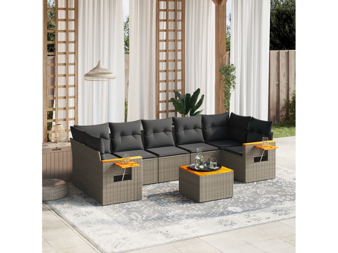 Vidaxl 8 Pcs Conjunto Sofás De Jardim C/ Almofadões Vime Pe Cinzento