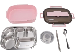 Recipiente De Viagem E Transporte De Alimentos Em Aço Inoxidável, Tigela De Sopa Quente, Pauzinhos, Colher, Recipiente Zeuxo (rosa)