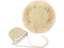 2026-set Sombrero De Paja Y Bolso Cruzado Para Niñas, Verano Playa, Sombrero Con Flores Y Mini Bolso