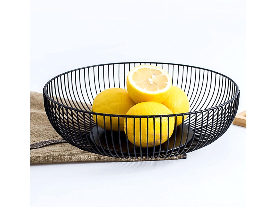 Cesto Para Frutas Grande 28x8cm Preto Redondo Moderno Raso Em Ferro Vylara