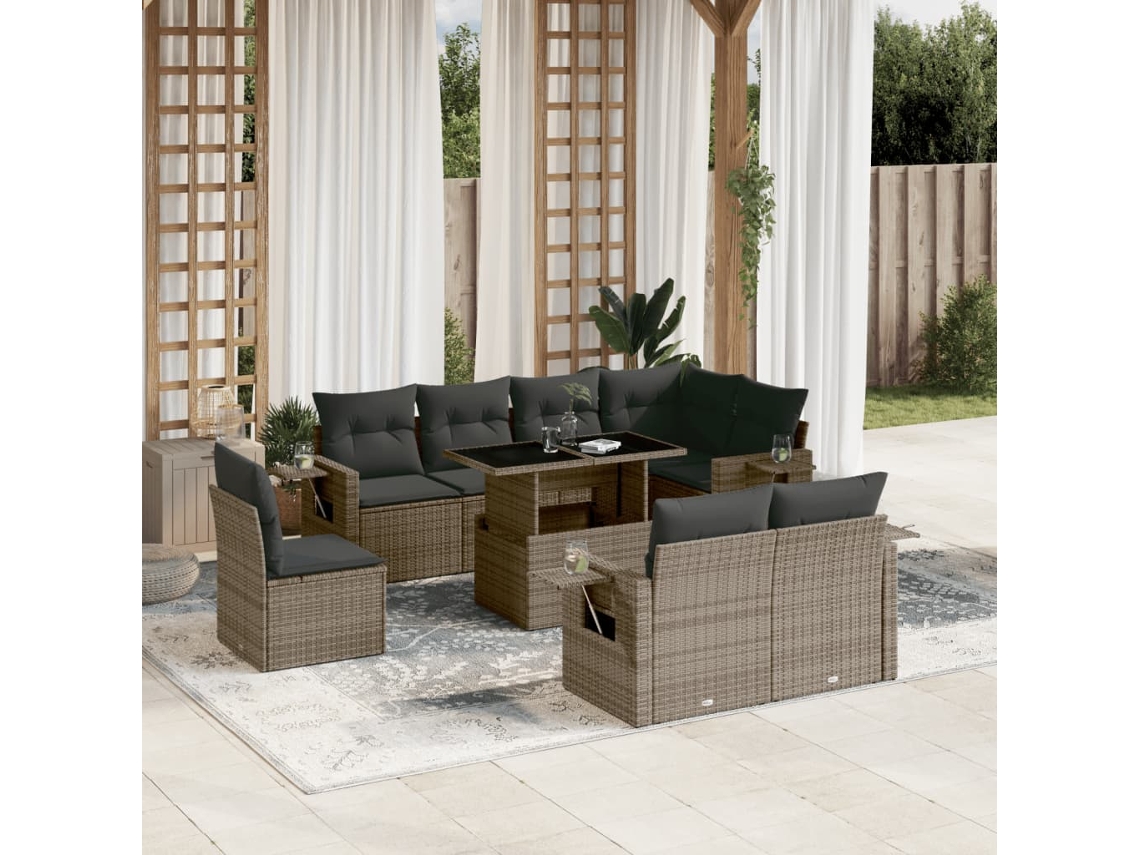 Vidaxl 9 Pcs Conjunto Sofás P/ Jardim com Almofadões Vime Pe Cinzento