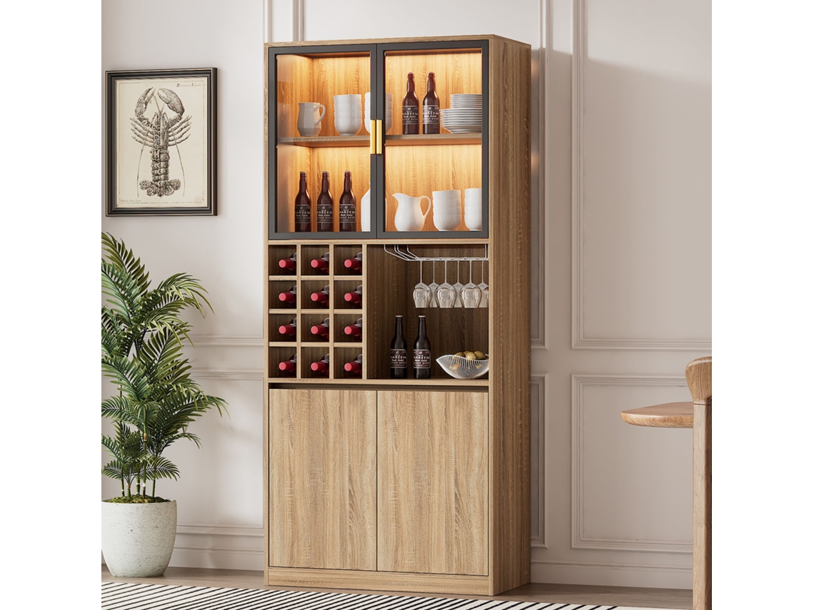 Vitrine LED 80x40x180 cm com 4 portas e prateleiras abertas, estilo natural