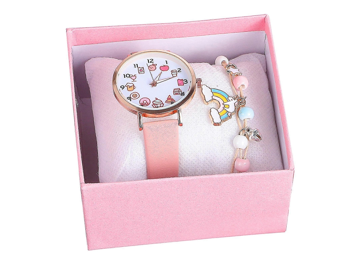 Conjunto De Relógio E Pulseira Para Meninas, Quartzo, Aço E Pu