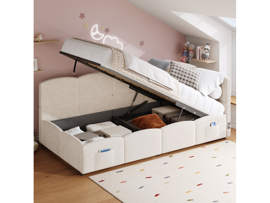 Cama Sofá cama 90x200 com Ripas Usb Armazenamento Veludo Bege
