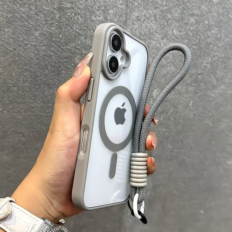 Capa Transparente Para Iphone 16 (cinza) Com Cordão, Resistente A Impactos E Reforçada.