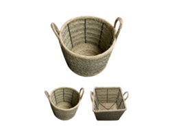 Cesta De Esparto Artesanal Con Asas Y Estructura Metálica - Diseño Redondo Y Cuadrado Redondo Mediano
