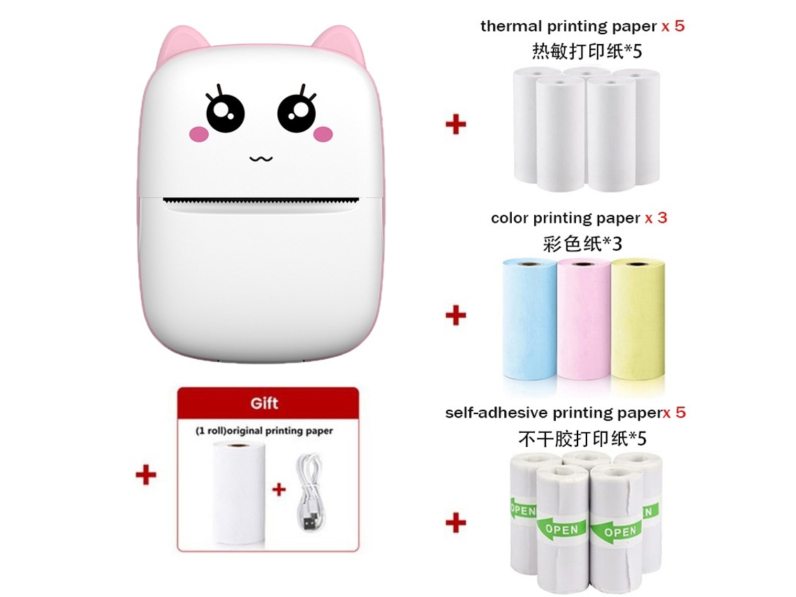 Impressora Térmica Elysve, Sem Fio Sem Tinta, 203 Dpi, Com 14 Rolos, Compatível Com Android, Ios, Cor Rosa
