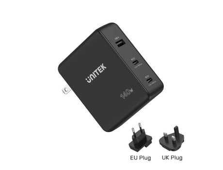 Carregador de Rede UNITEK Usbc / Usba Pd 3.1 Gan 140 Watts Preto