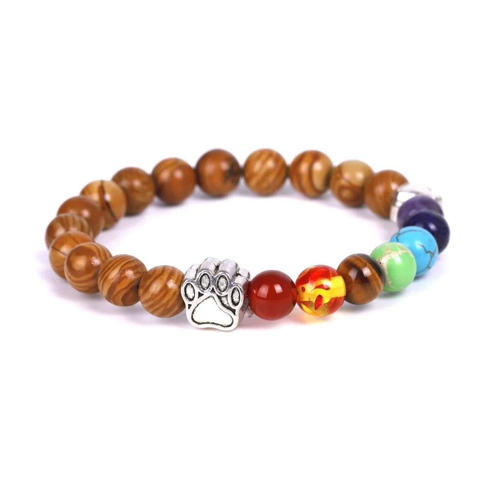 Pulseira em Formato de Pata de Cachorro , Representando os 7 Chakras. MDUG (pedra e Veios de Madeira)