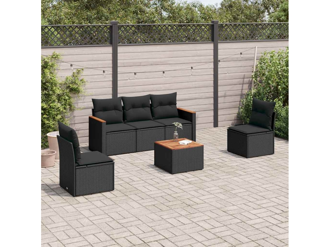 Vidaxl 6 Pcs Conjunto Sofás De Jardim C/ Almofadões Vime Pe Preto