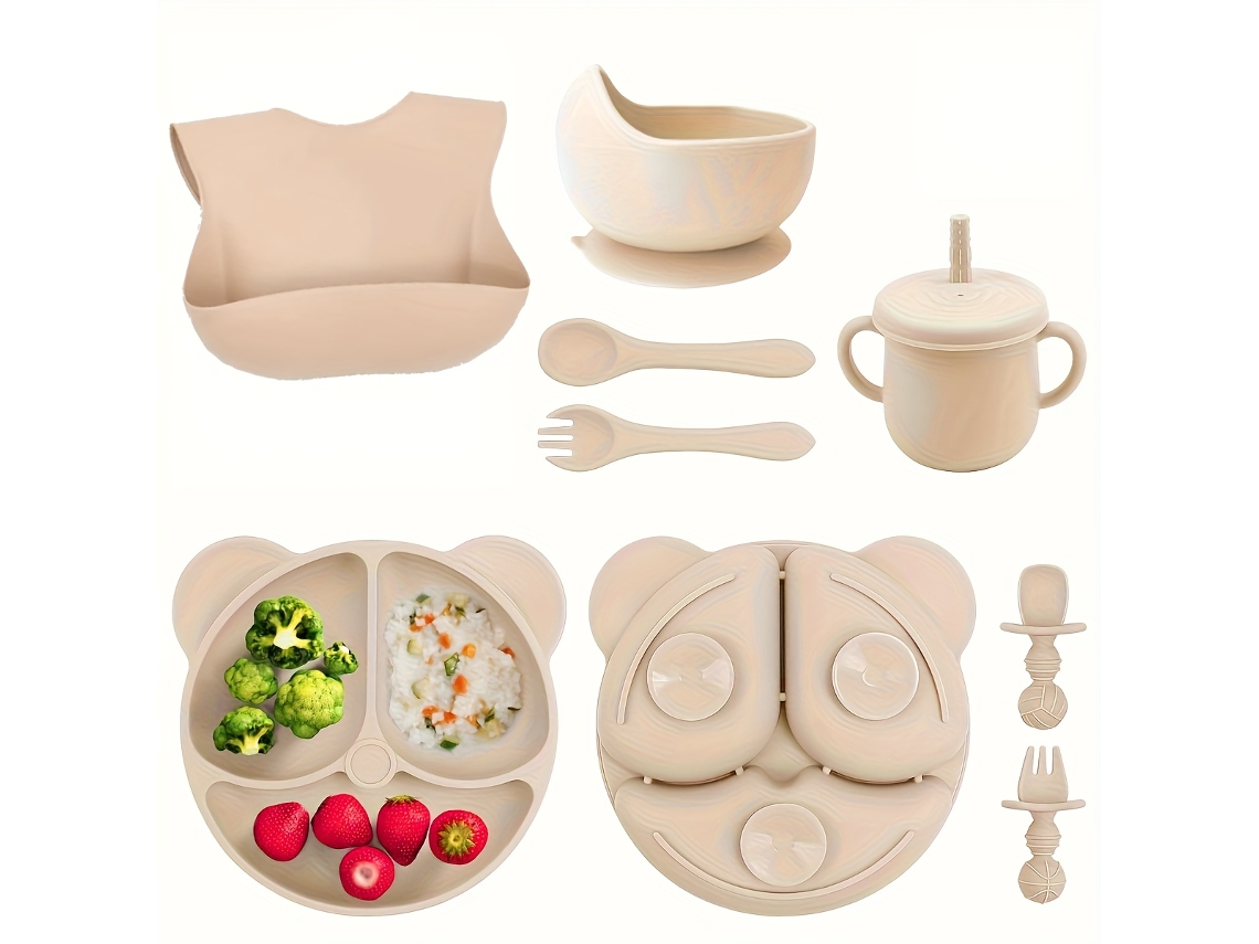 Conjunto de Oito Peças Louça Infantil em Silicone com Estampas de Animais, Adequado para Micro ondas e Forno, Ideal para Crianças, Educativ STELASPLEN