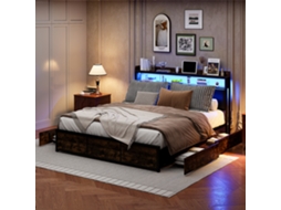 Cama Estofada 180 X 200 Cm Com Led, Cama Juvenil Com 4 Gavetas, Cabeceira, Estrutura Metálica E Estrado De Ripas, Em Pele Pu, Sem Colchão