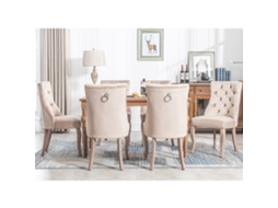 Conjunto De 6 Cadeiras De Sala De Jantar Em Veludo Acolchoadas Com Botões Bege Estilo