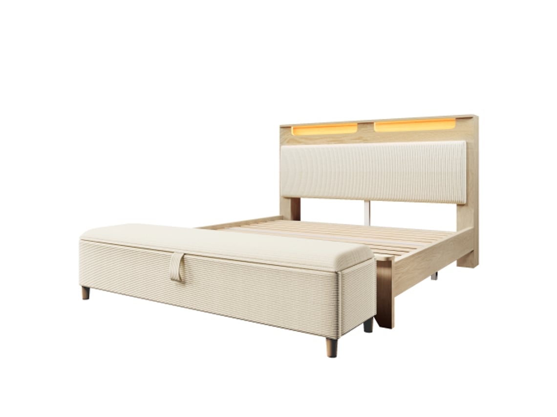 Cama De Casal De Madeira 16×2cm Com Banco,cabeceira Com Espaço De Armazenamento, Iluminação Led E Encosto Estofado Em Veludo Cotelê Bege(sem Colchão)