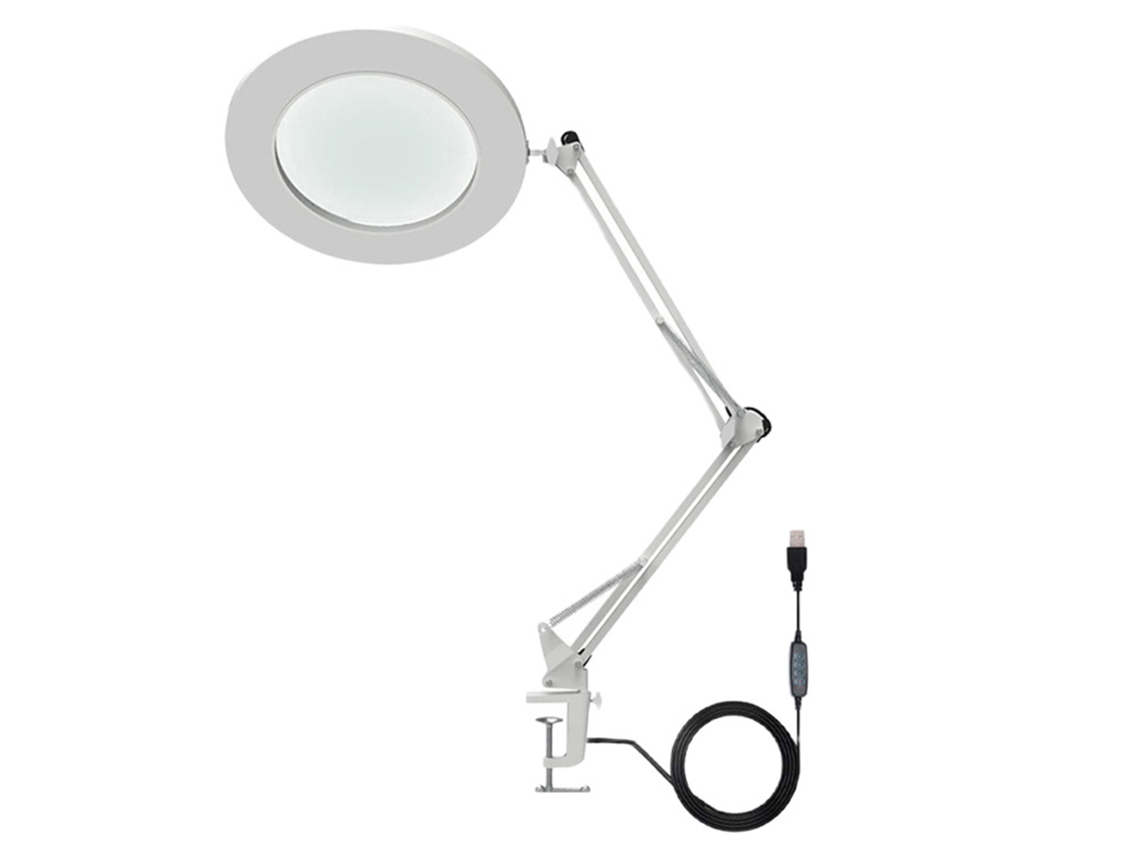 Lupa 10x Com Luz Led Braço Flexível Brilho Ajustável 3 Cores Lâmpada De Mesa Com Clip Branco