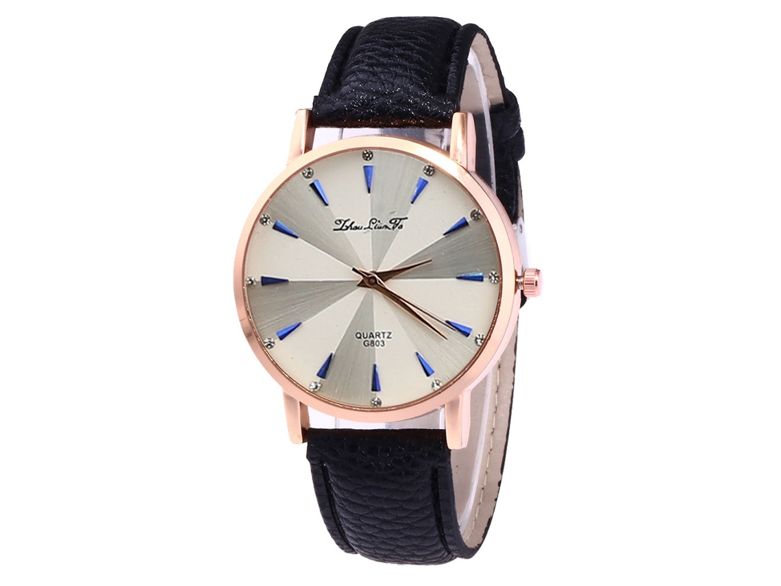 Relógio de quartzo casual unissex com pulseira de couro PU preta para homens e mulheres.