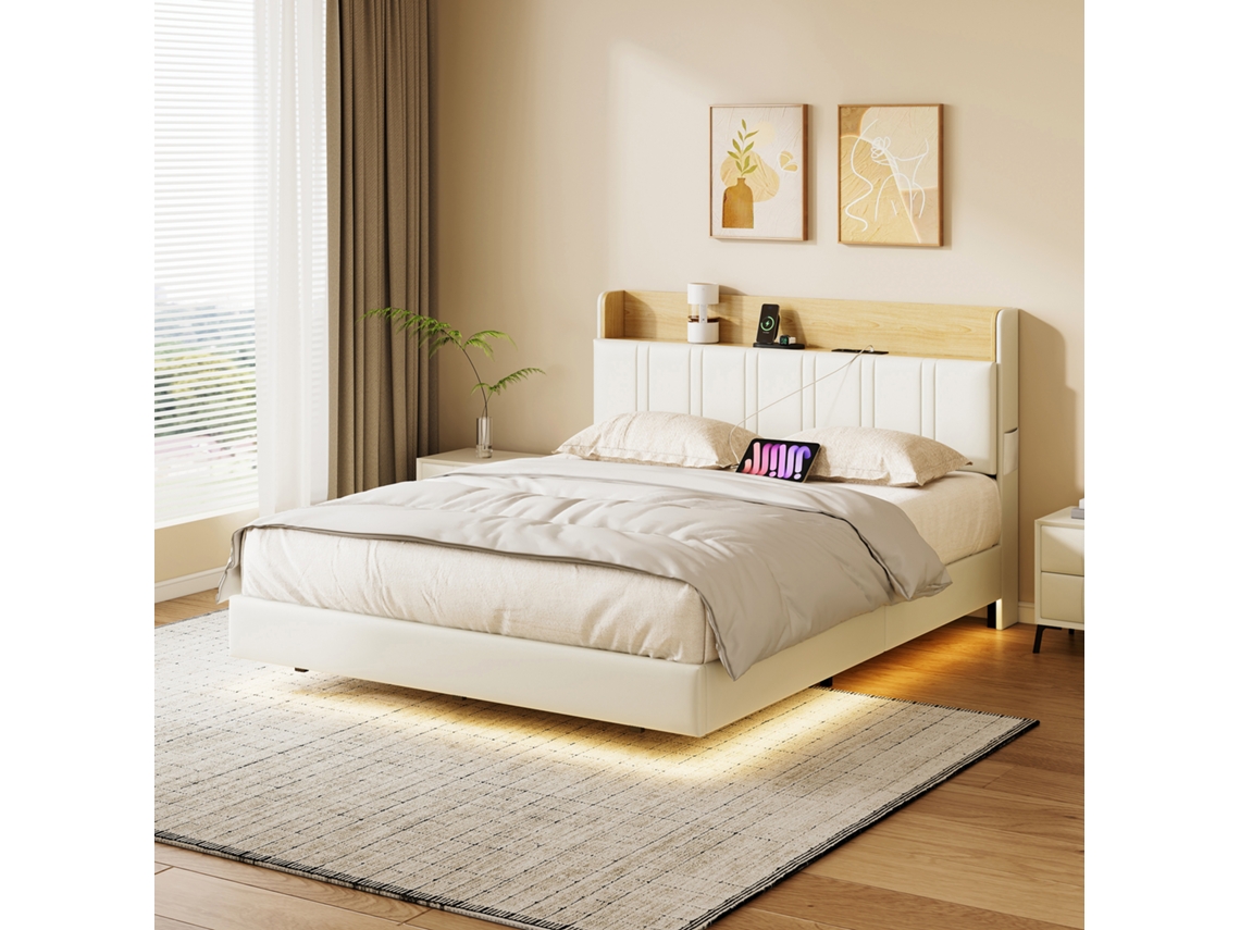 Cama De Casal Estofada 160 X 200 Cm Com Espaço De Arrumação Hidráulica, Cama Funcional Com Led E Estação De Carregamento Usb, Pu Branco, Sem Colchão