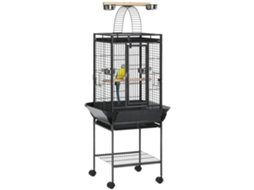Gaiola Pássaros Rodas 62,5x62,5x156 Cm Poleiros Comedouros Cinza