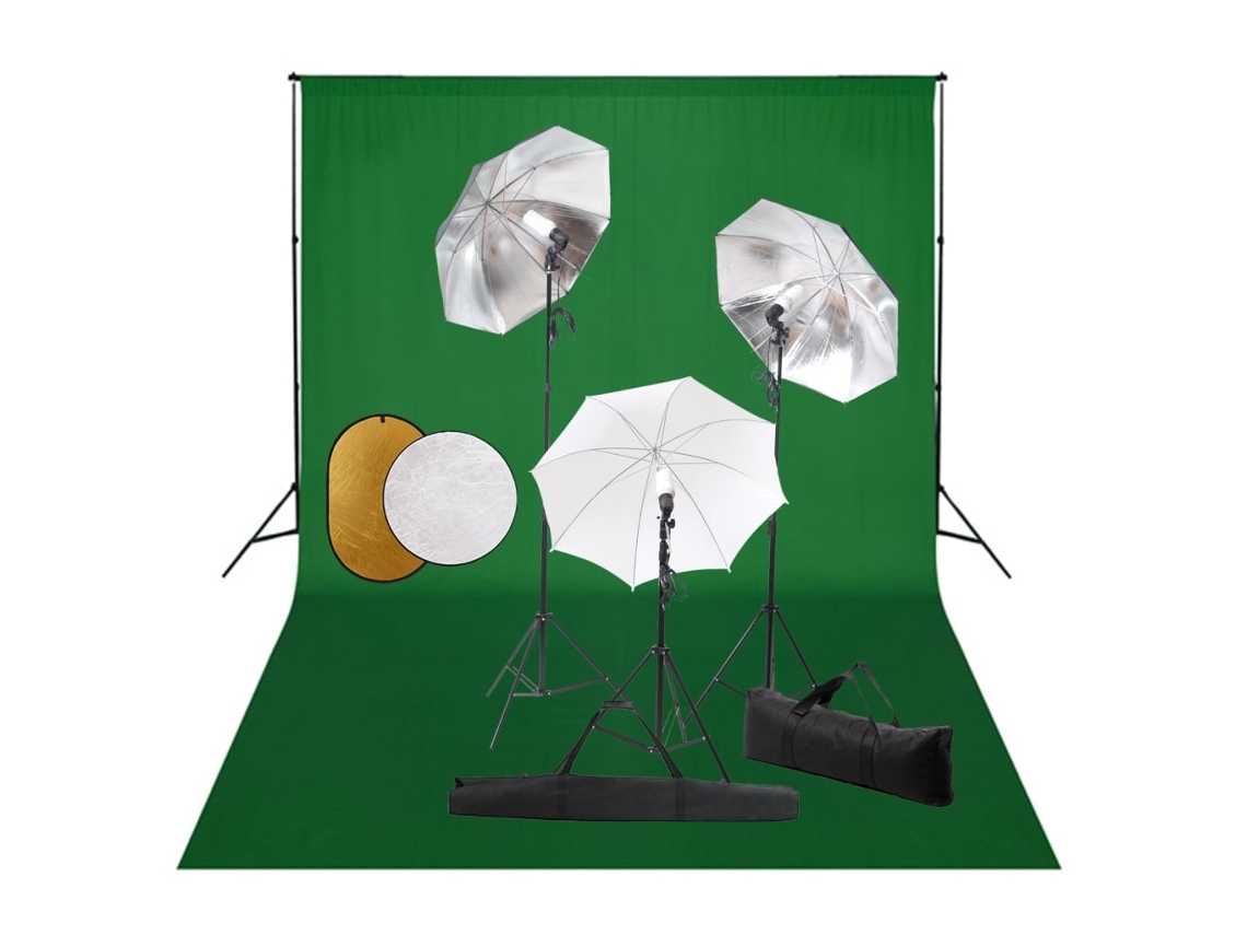 Vidaxl Kit Estúdio Fotográfico Com Lâmpadas/sombrinhas/fundo/refletor