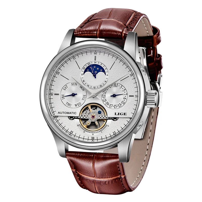 Relógio Tourbillon Mecânico Automático (branco Prateado), Pulseira De Couro Genuíno À Prova D'água