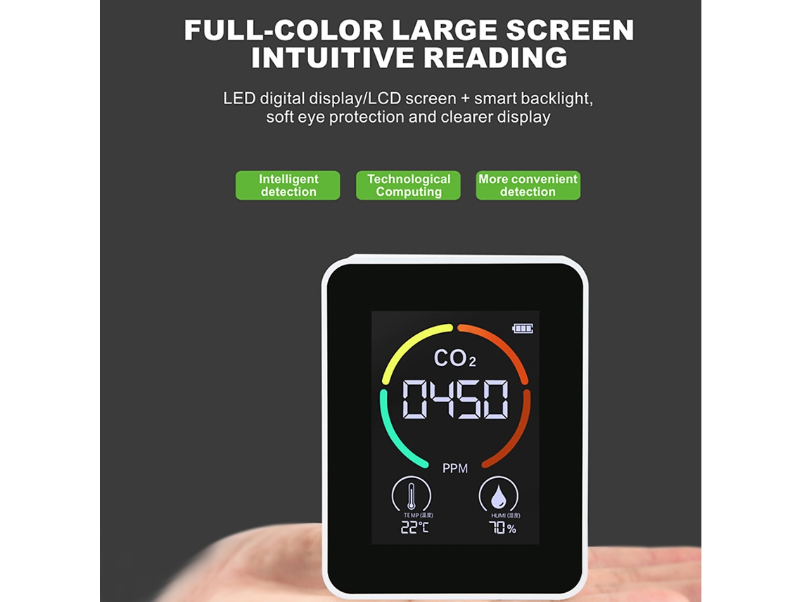 Detector de qualidade do ar doméstico multifuncional CO2/temperatura/umidade com tela LED e bateria 1200mAh S/MARCA