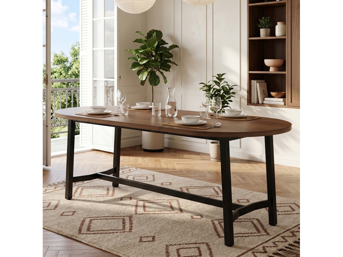 Mesa 180×80×75cm Cantos Arredondados Pés Metálicos Estilo Simples Tom Nogueira Para 6 A 8 Pessoas