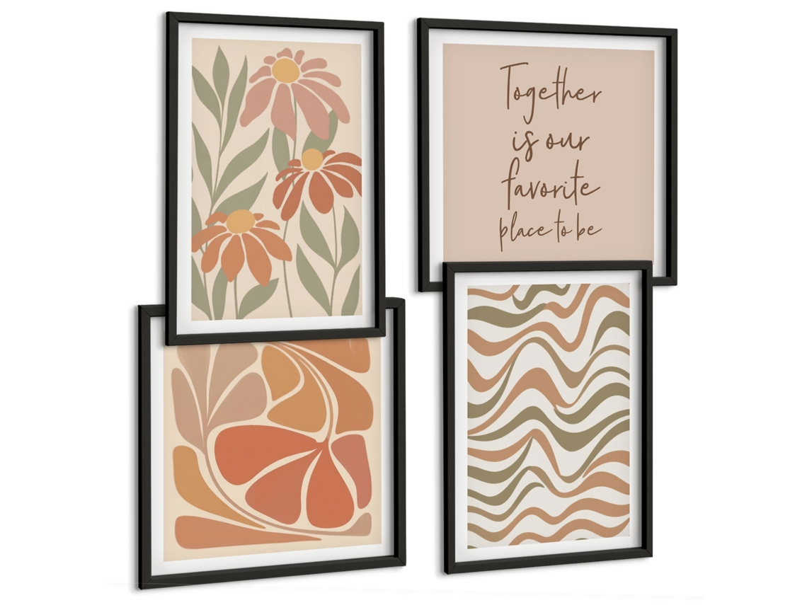 Composição De Quadros Decorações Estilosas Natureza Flores Espelharte (4 Peças)