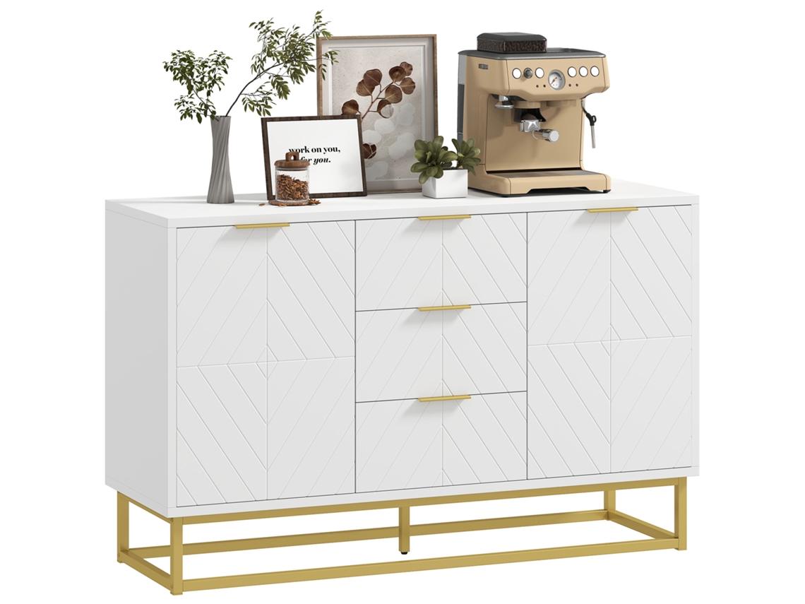 Aparador de design gráfico, 2 portas, prateleiras ajustáveis, 3 gavetas, madeira branca, metal dourado, 120x40x76cm ZENCORE SERVICES