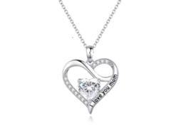 Colar Pingente Coração Gravado "i Love You Mom", Prata Com Zircônia Branca, Prenda Especial Para O Dia Da Mãe