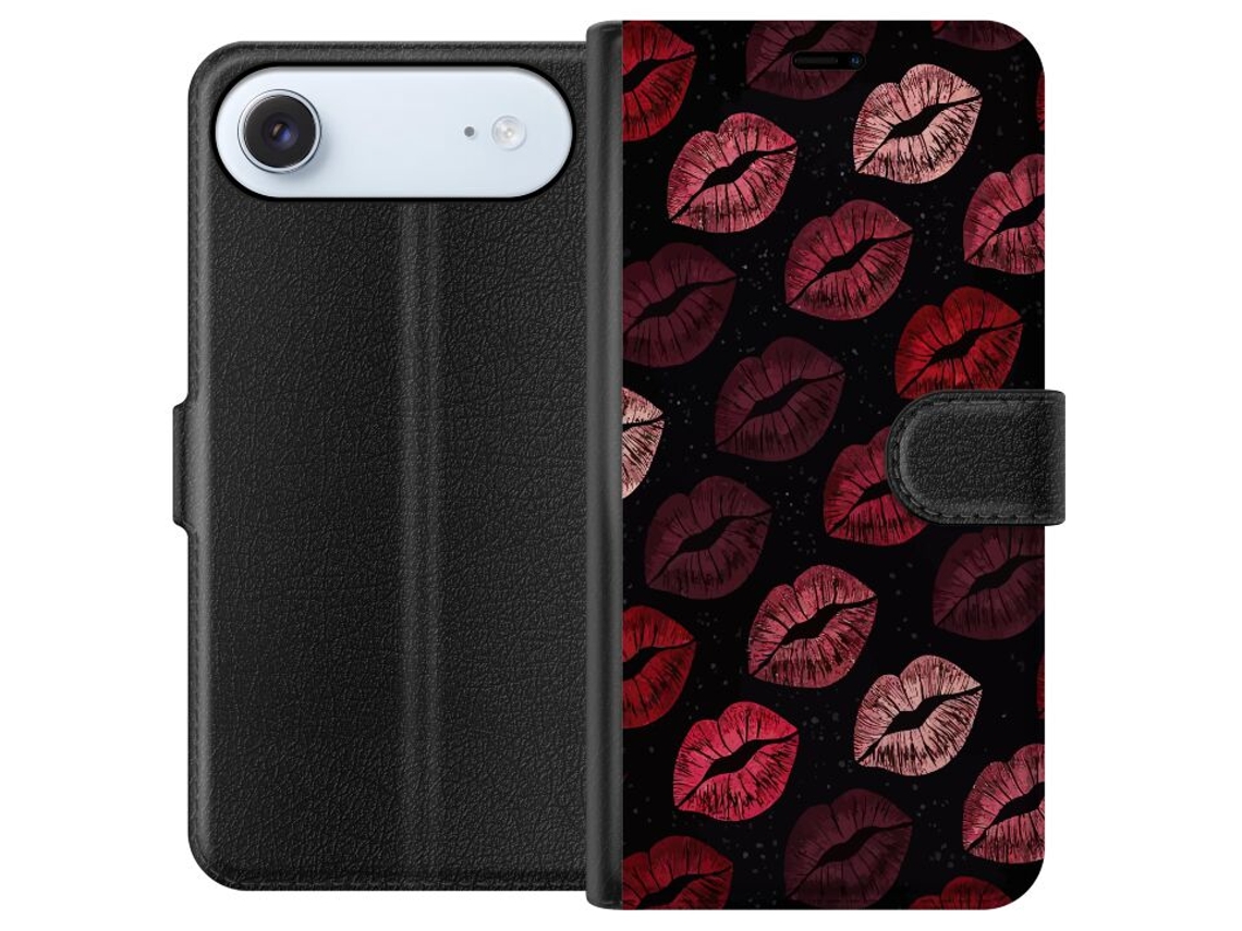 Capa Carteira Compatível Com Apple Iphone Air. Estampa Repetida De Lábios Vermelhos Em Fundo Escuro, Um Motivo Elegante E Decorativo.